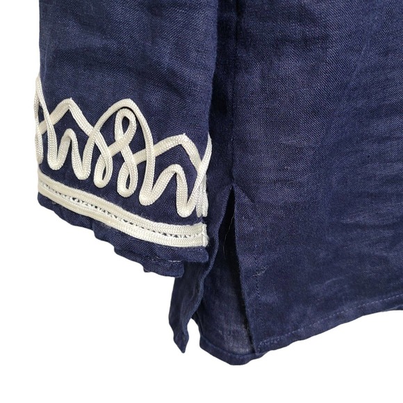 Talbots Women's SZ L 100% Linen Blouse/Top Navy-Blue Embellished Neckline & Cuff - Picture 5 of 11